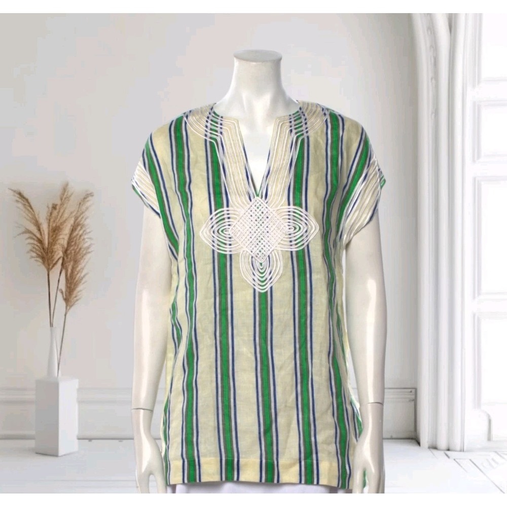 Tory Burch Women's XS Blouse 100% Linen Striped Lagenlook Preppy